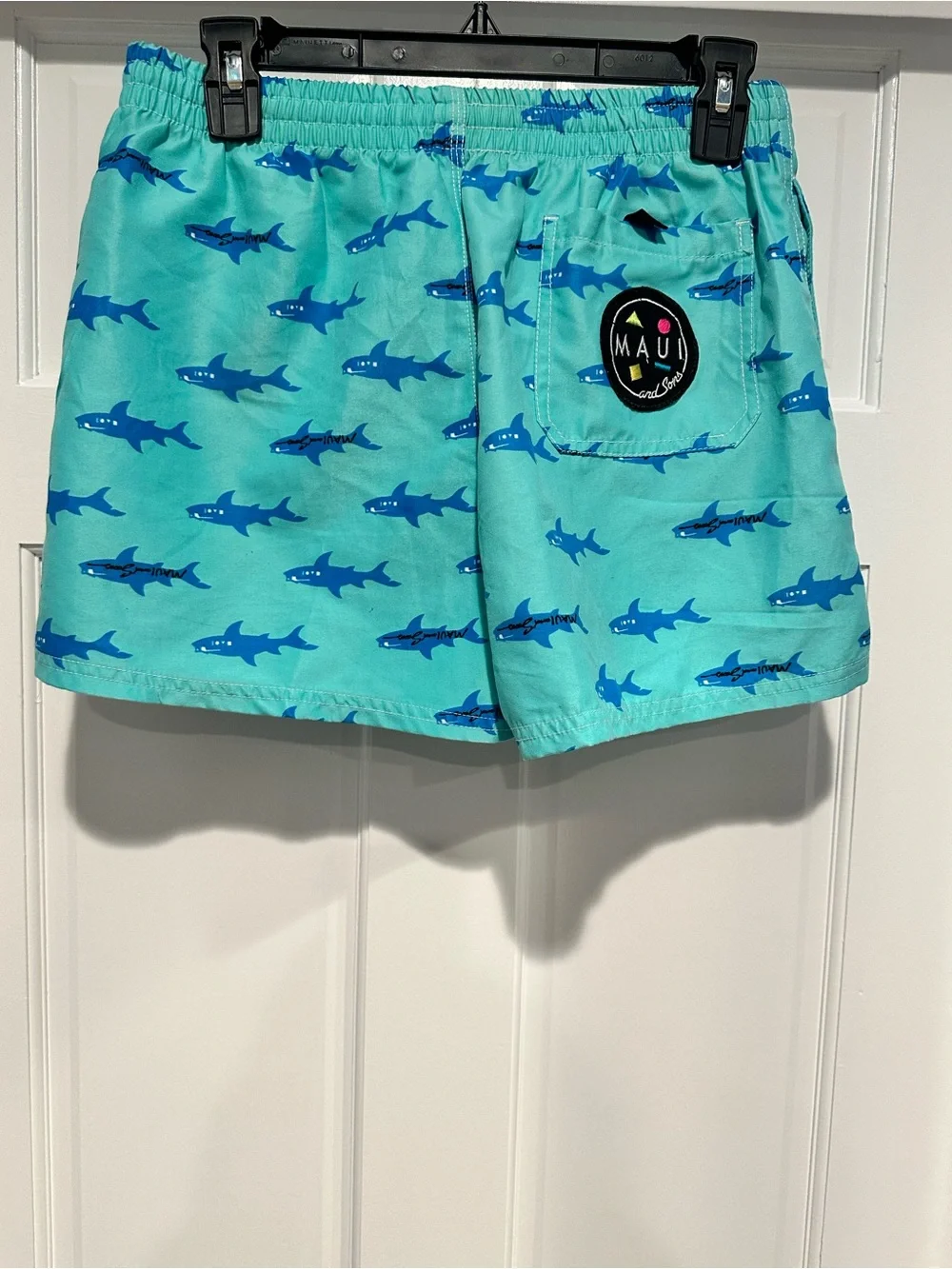 Maui and Sons Turquoise Swim Trunks with Blue Shark Print Size Small